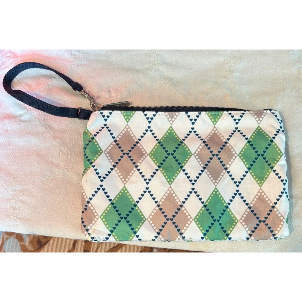 LeSportsac 3-Zip Cosmetic Pouch Womens Wallet Small Green Argyle‎ Wristlet Bag